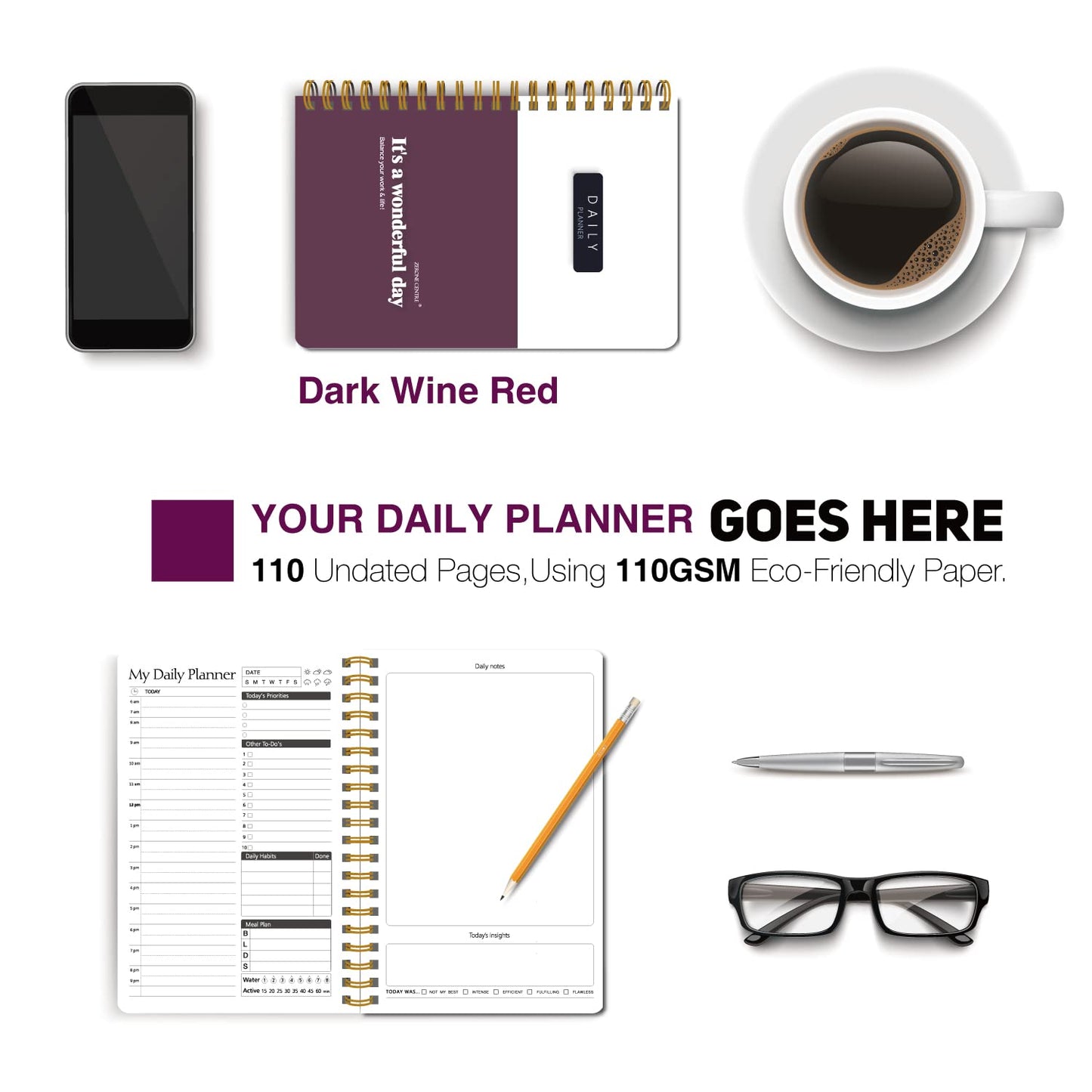 A5 Undated Daily Hourly Planner Notepad - Day Organizer Planner, 128 Pages Work Journal for Daily To do List, Notes, Water Intake and Meal Planner- Dark Wine Red