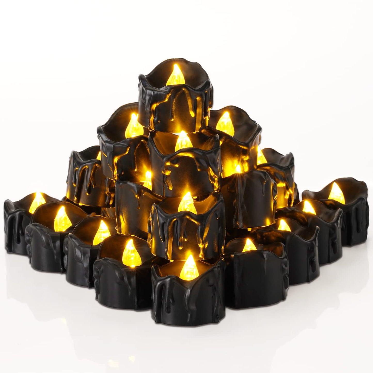 Homemory 24-Pack Melting Black Candles Battery Operated Tea Lights, Halloween Flameless Flickering Candles, Ideal for Holiday Decor, Theme Party, 1.58" Dia X 1.2''H, Warm White Glow