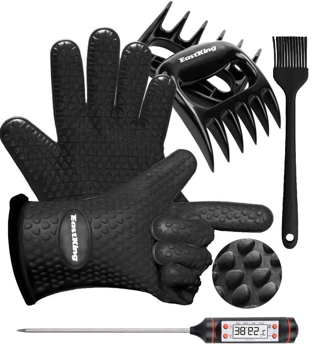 EastKing Smoker Accessories Set-Grilling Oven Gloves,BBQ Claws,Meat Thermometer and Silicone Brush BBQ Set for Cooking Barbecue Baking (Black)