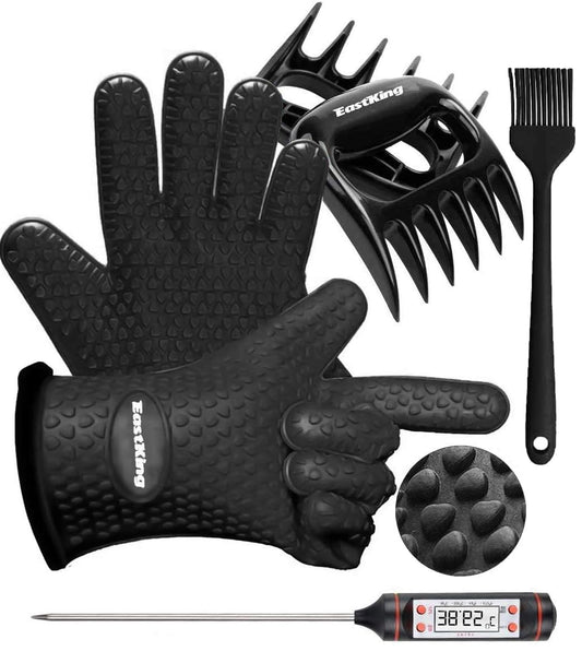 EastKing Smoker Accessories Set-Grilling Oven Gloves,BBQ Claws,Meat Thermometer and Silicone Brush BBQ Set for Cooking Barbecue Baking (Black)