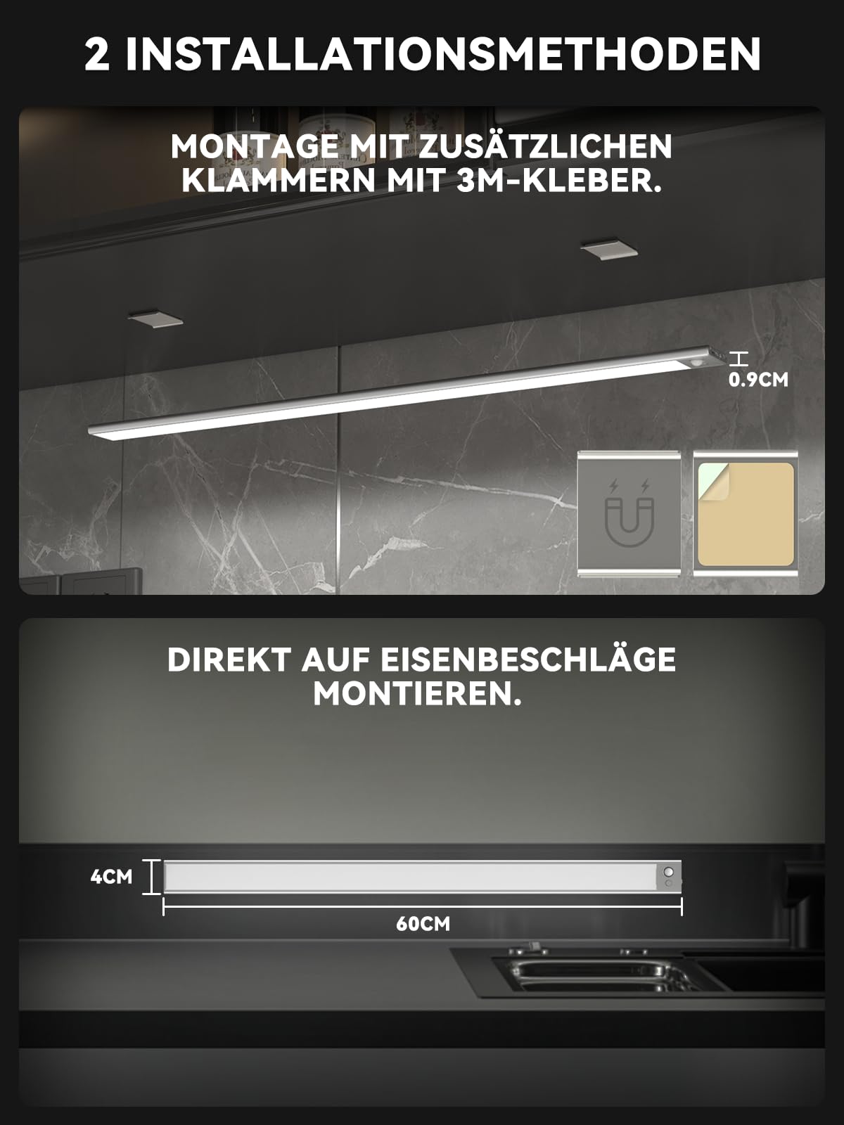 60 cm Under-Unit Light Kitchen LED Dimmable, 216 LEDs Cabinet Lighting with Motion Sensor, 4500 mAh Rechargeable Lighting LED Strip, 3 Colour Modes, Magnetic LED Strip for Cupboard, Wardrobe