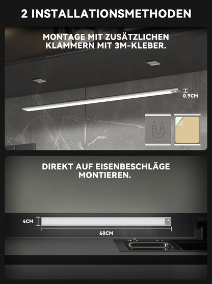 60 cm Under-Unit Light Kitchen LED Dimmable, 216 LEDs Cabinet Lighting with Motion Sensor, 4500 mAh Rechargeable Lighting LED Strip, 3 Colour Modes, Magnetic LED Strip for Cupboard, Wardrobe