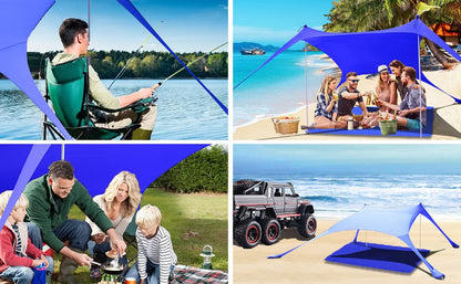 CUUPO 77 FT Beach Tent Sun Shelter UPF50+ UV Protection, Outdoor Canopy Tent Sun Shade with 2 Poles for Camping, Fishing, Backyard and Picnics with Sandproof Beach Blanket Royal Blue