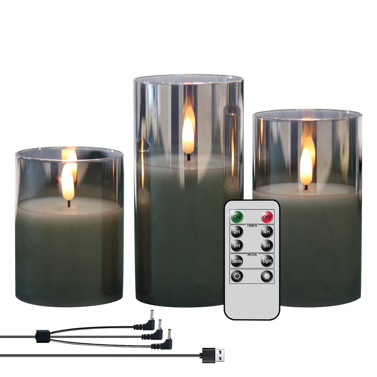GenSwin Rechargeable LED Flameless Flickering Glass Candles with Remote Timer, Battery Operated Pillar Candles Long Lasting Grey Real Wax USB (D 3”×H 4”5”6”)