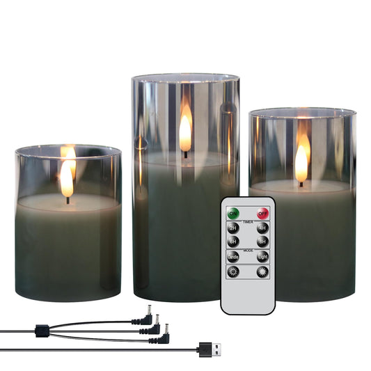 GenSwin Rechargeable LED Flameless Flickering Glass Candles with Remote Timer, Battery Operated Pillar Candles Long Lasting Grey Real Wax USB (D 3”×H 4”5”6”)