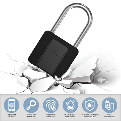 Fingerprint Padlock, Eseesmart Long Shackle Smart Padlock Bluetooth Lock with Mobile APP Outdoor Waterproof Lock with Protective Case for School Gym Locker, Fence, Gate, Toolbox