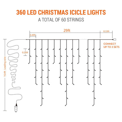 Brizled Christmas Icicle Lights, 29ft 360 LED Outdoor Icicle Lights Color Changing with Remote, 11 Function Connectable Christmas Lighting Warm White & Multicolor Xmas Lighting for Xmas Home Wedding