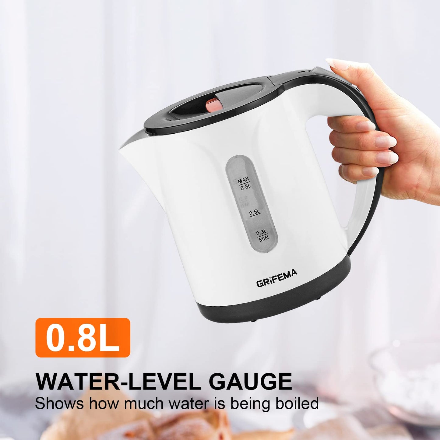 GRIFEMA Small Electric Tea Maker, 0.8 L, 1100 W - Quiet Kettle With Limescale Filter, BPA-Free, Automatic Shut-Off, Overheating Protection, White