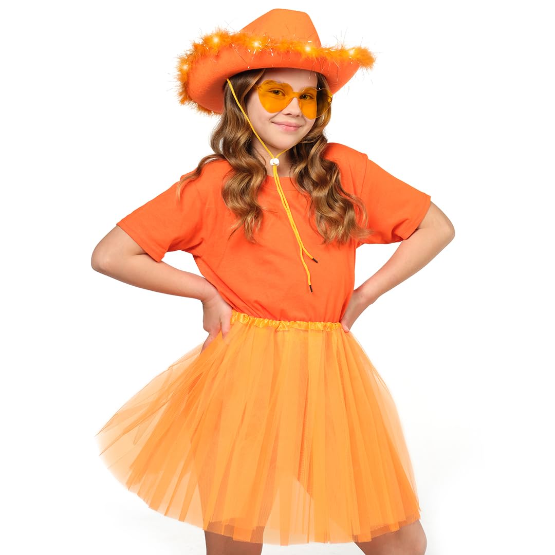 Funcredible Orange Cowboy Hat and Glasses - Light Up Cowgirl Hat for Girls - Cowboy Hats with Feathers - Halloween Hats for Women