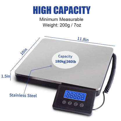 Fuzion Shipping Scale 360lb x 0.1lb, Stainless Steel Postal Scale with Timer/Hold/Tare, Digital Shipping Scale for Packages/Luggage, Battery & AC/DC Adapter