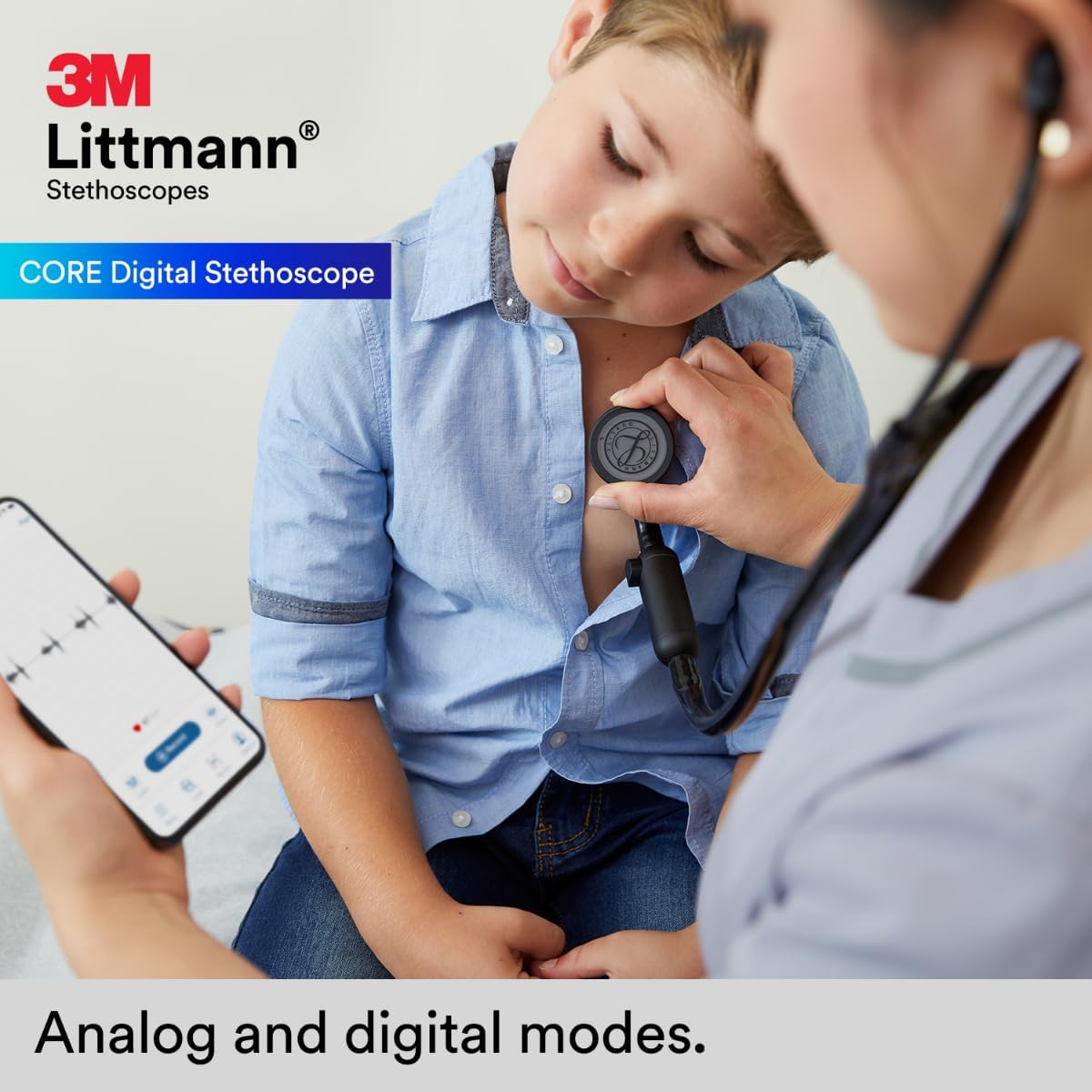 3M Littmann CORE Digital Stethoscope, Our Most Advanced Stethoscope Yet, Up To 40x Amplification, Active Noise Cancellation, In-App Sound Wave Visualization, Black-Finish Chestpiece, 8480