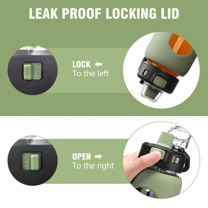 Kodrine 32 oz Glass Water Bottle with Straw and Carry Loop, One-Touch Leakproof Locking Lid, Reusable Drinking Bottle with Time Marker for Travel Home Gym Sports (Olive)