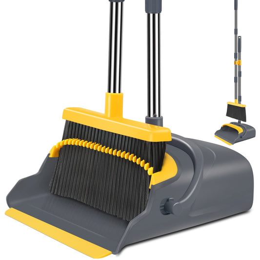 kelamayi Upgrade Broom and Dustpan Set, Broom with Dustpan Combo Set, Self-Cleaning with Dustpan Teeth, Indoor&Outdoor Sweeping, Stand Up Broom and Dustpan (Gray&Yellow)