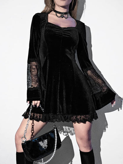 LANSHULAN Contrast Lace Long Sleeve Dress Black Goth Vintage Dresses