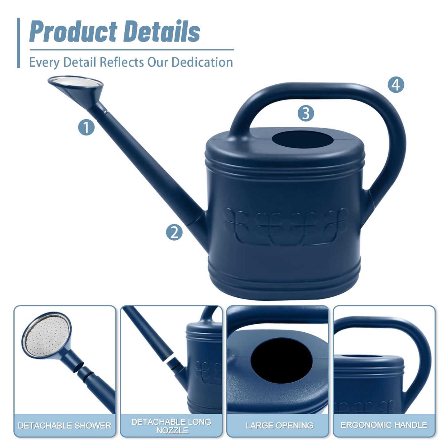 2 Gallon Watering Can, Outdoor Watering Can for Plants, Garden Water Can with Removable Long Spout and Stainless Steel Sprinkler Head, Large Water Can for Greenhouse Flowers Plants (Dark Blue)