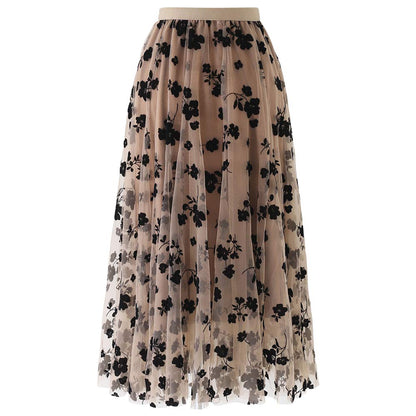 CHICWISH Women's Caramel 3D Posy Double-Layered Mesh Midi Skirt, Size S-M