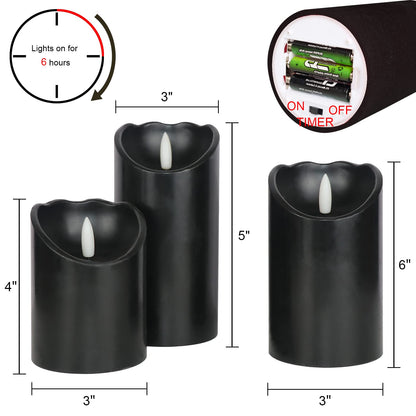 Eldnacele Black Flameless Flickering Candles with 6H Timer, 3D Wick Realistic Battery Operated Real Wax LED Pillar Candles Set of 3 Home Wedding Party Halloween Decoration(D3” x H4”5”6”)