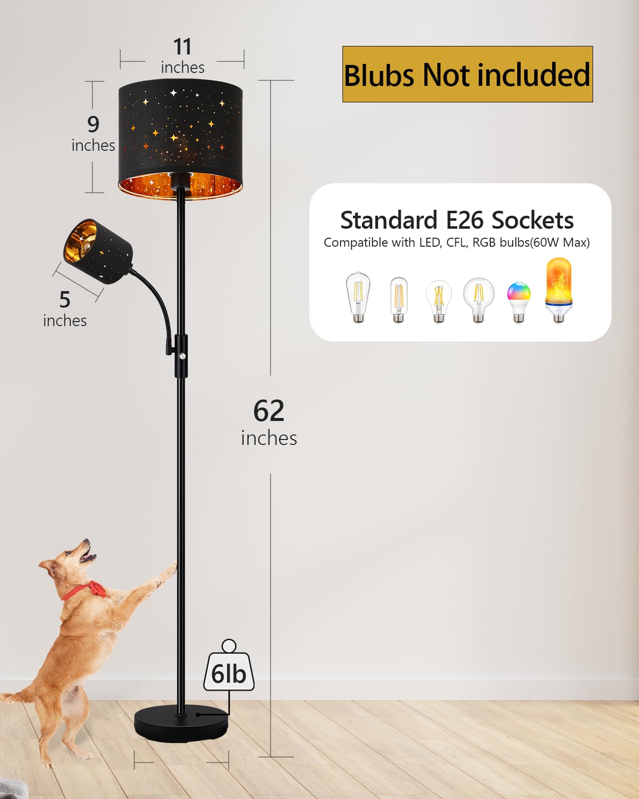Floor Lamp Black, Reading Standing Lamps for Living Room, 62" Tall Torchiere Lamp for Kids Room, 3-Way Switch, Star-Gold Lampshade, Modern Goth Decor for Bedroom/Office, Bulbs Not Included(E26 Base)