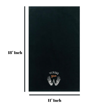 Halloween Fingertip Bathroom Towels Set of 2 – 12" x 18" Black 100% Cotton with Funny “Wash Your Hands or Bones” Design – Spooky & Humorous Bathroom and Kitchen Decor