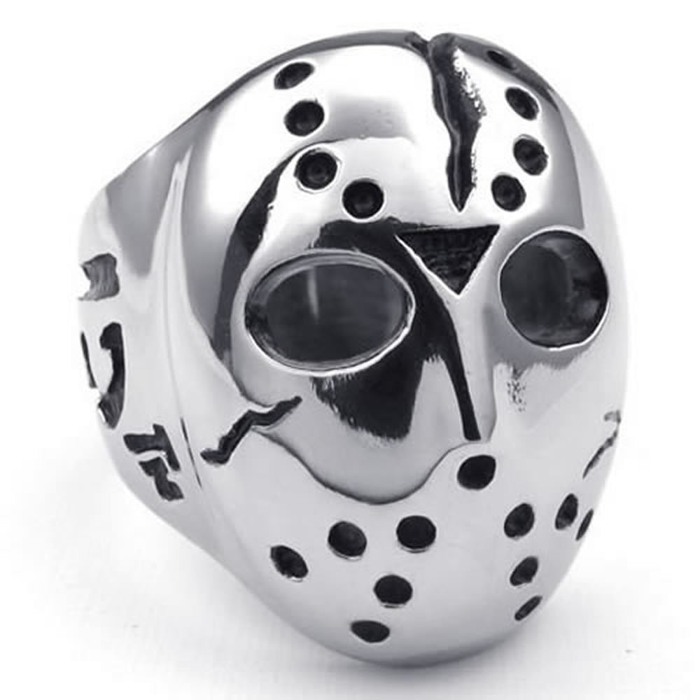 jonline24h Polished Stainless Steel Men's Ring, Halloween Jason Mask Band, Silver Black(12)