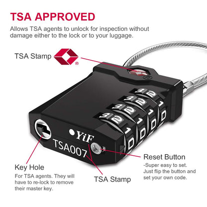 ZHEGE TSA Approved Luggage Lock, 1-Pack, Black, Combination Lock, 10,000 Combination Options, 5.5in Flexible Cable, Easy to Use, Secure & Solid, Suitable for Luggage, Backpacks, Briefcases