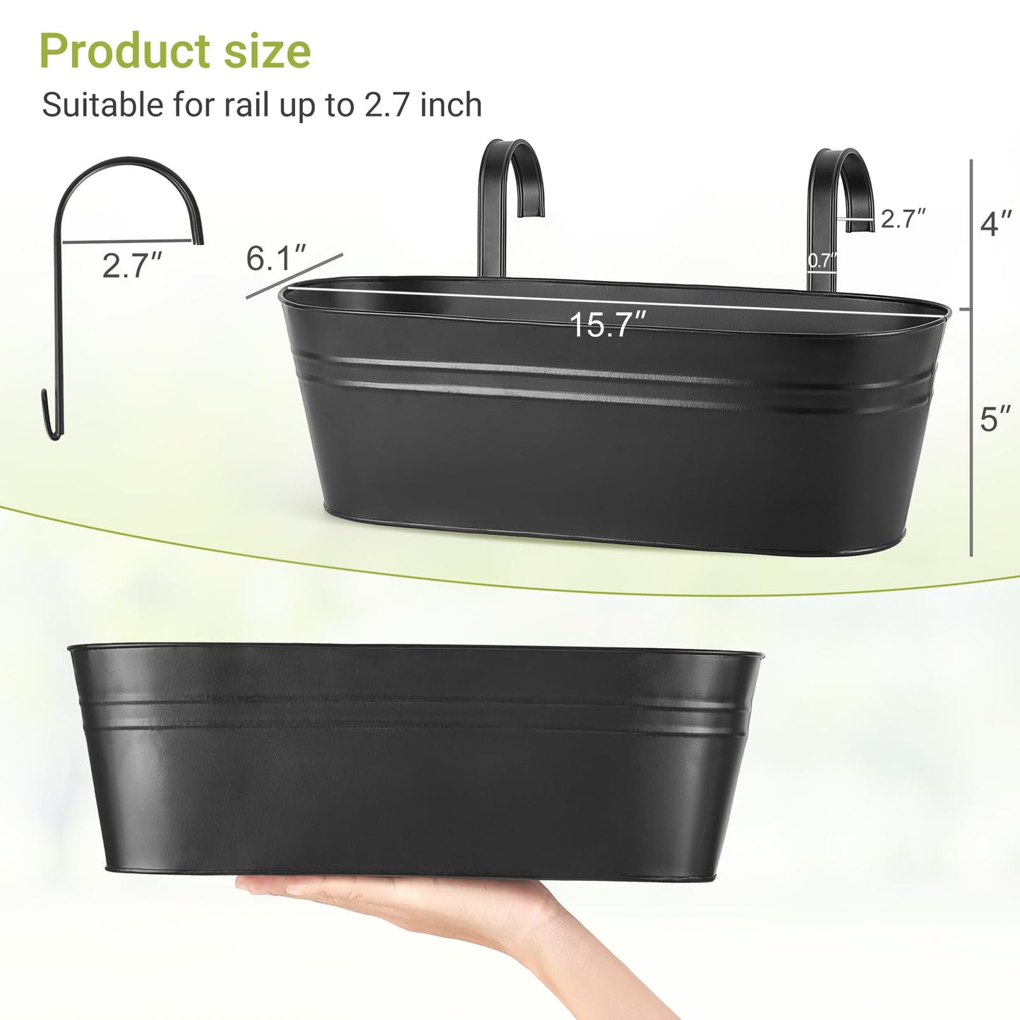 Dahey 3 Pcs Metal Hanging Flower Pots for Railing Fence Outdoor Planter 15.7 Inch Hanging Bucket Pots Countryside Window Flower Plant Holder with Detachable Hooks for Garden Yard Home Decor,Black