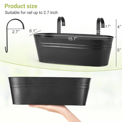Dahey 3 Pcs Metal Hanging Flower Pots for Railing Fence Outdoor Planter 15.7 Inch Hanging Bucket Pots Countryside Window Flower Plant Holder with Detachable Hooks for Garden Yard Home Decor,Black