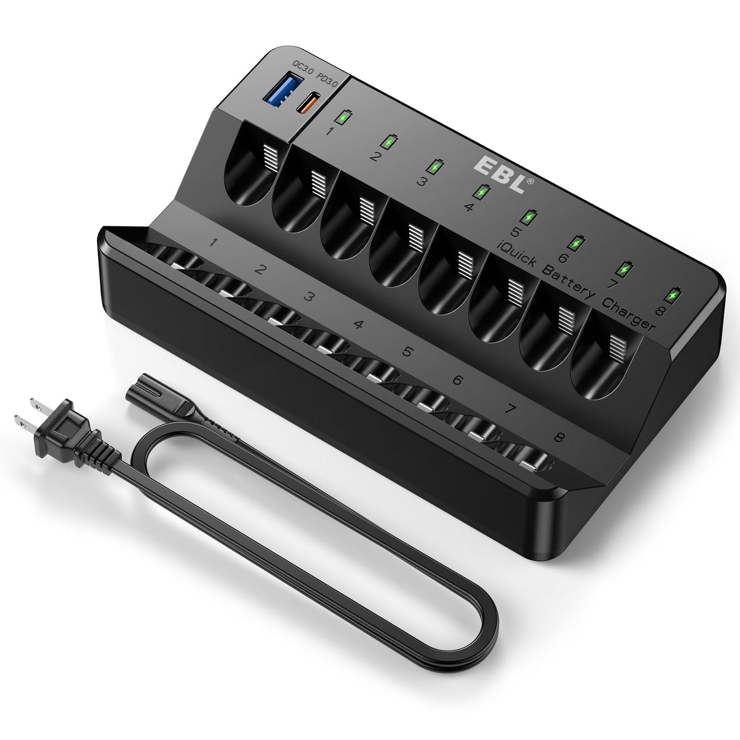 EBL 8 Bay Fast Rechargeable Battery Charger for AA AAA Ni-MH Ni-CD Batteries with PD 20W USB C and USB A Output Port