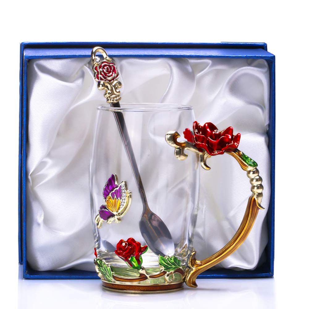 Kaiyuan Dynasty Tea Cup Glass Coffee Mugs Enamel Rose Flower Butterfly Drinking Cups with Spoon Set for Birthday Wedding Red Rose Tall Mug 12oz