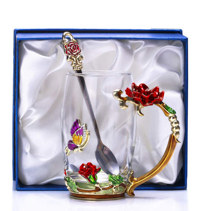 Kaiyuan Dynasty Tea Cup Glass Coffee Mugs Enamel Rose Flower Butterfly Drinking Cups with Spoon Set for Birthday Wedding Red Rose Tall Mug 12oz