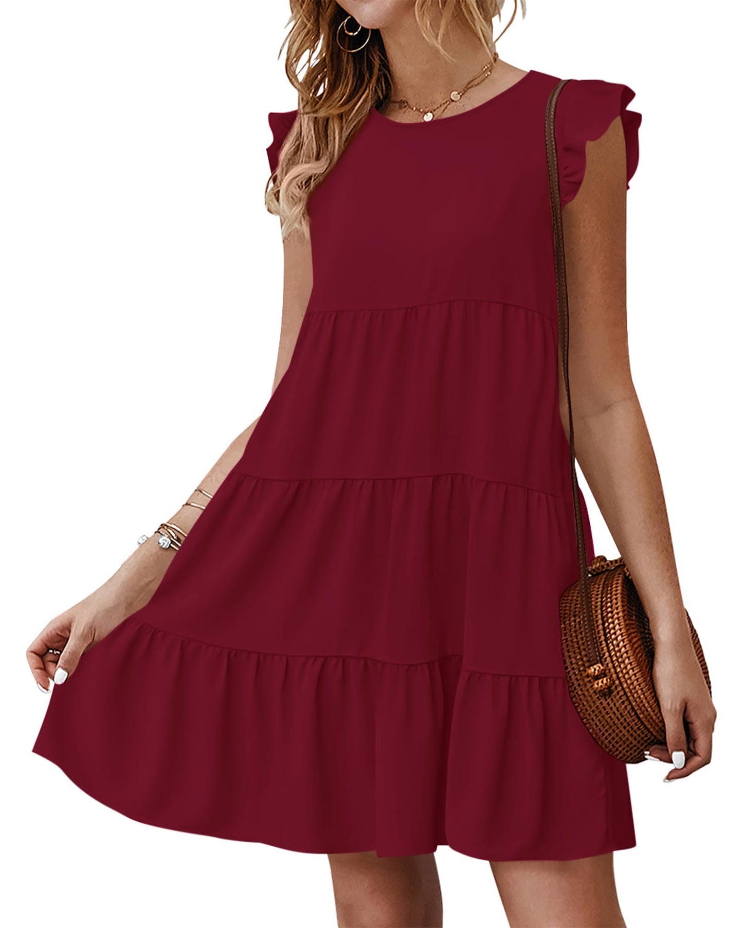 KIRUNDO Wedding Guest Dresses for Women Short Summer Sleeveless Ruffle Sleeve Round Neck Loose Short Flowy Pleated Tiered Mini Dress (Wine Red, X-Large)