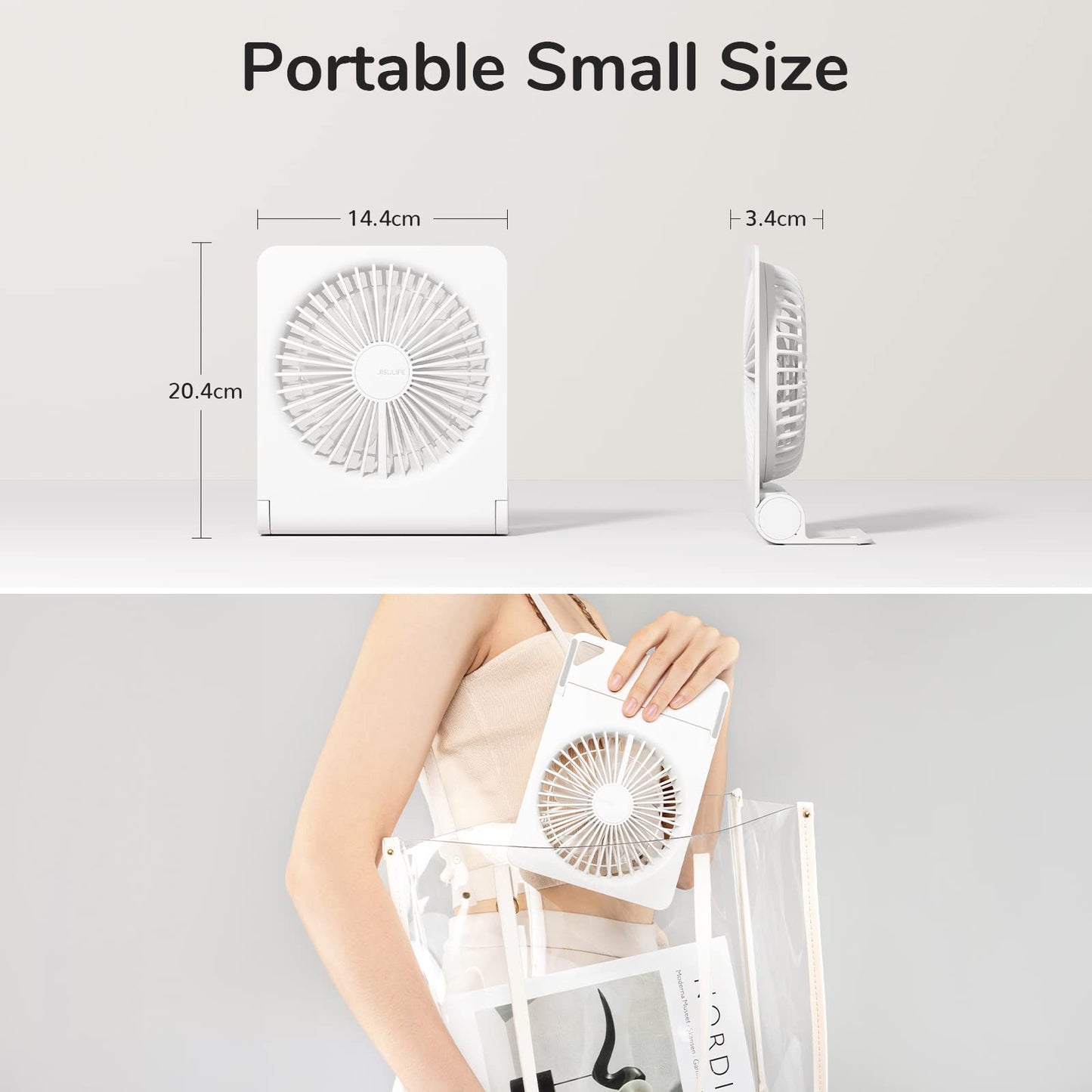 JISULIFE Small Desk Fan, Portable Travel with 4500mAh Battery, USB Rechargeable Folding Design for Flexibility, Strong Quiet Wind with 4 Speed Modes, Ideal Gifts for Office/Home/Camping - White