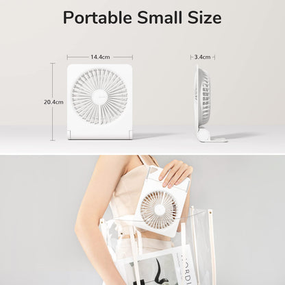 JISULIFE Small Desk Fan, Portable Travel with 4500mAh Battery, USB Rechargeable Folding Design for Flexibility, Strong Quiet Wind with 4 Speed Modes, Ideal Gifts for Office/Home/Camping - White
