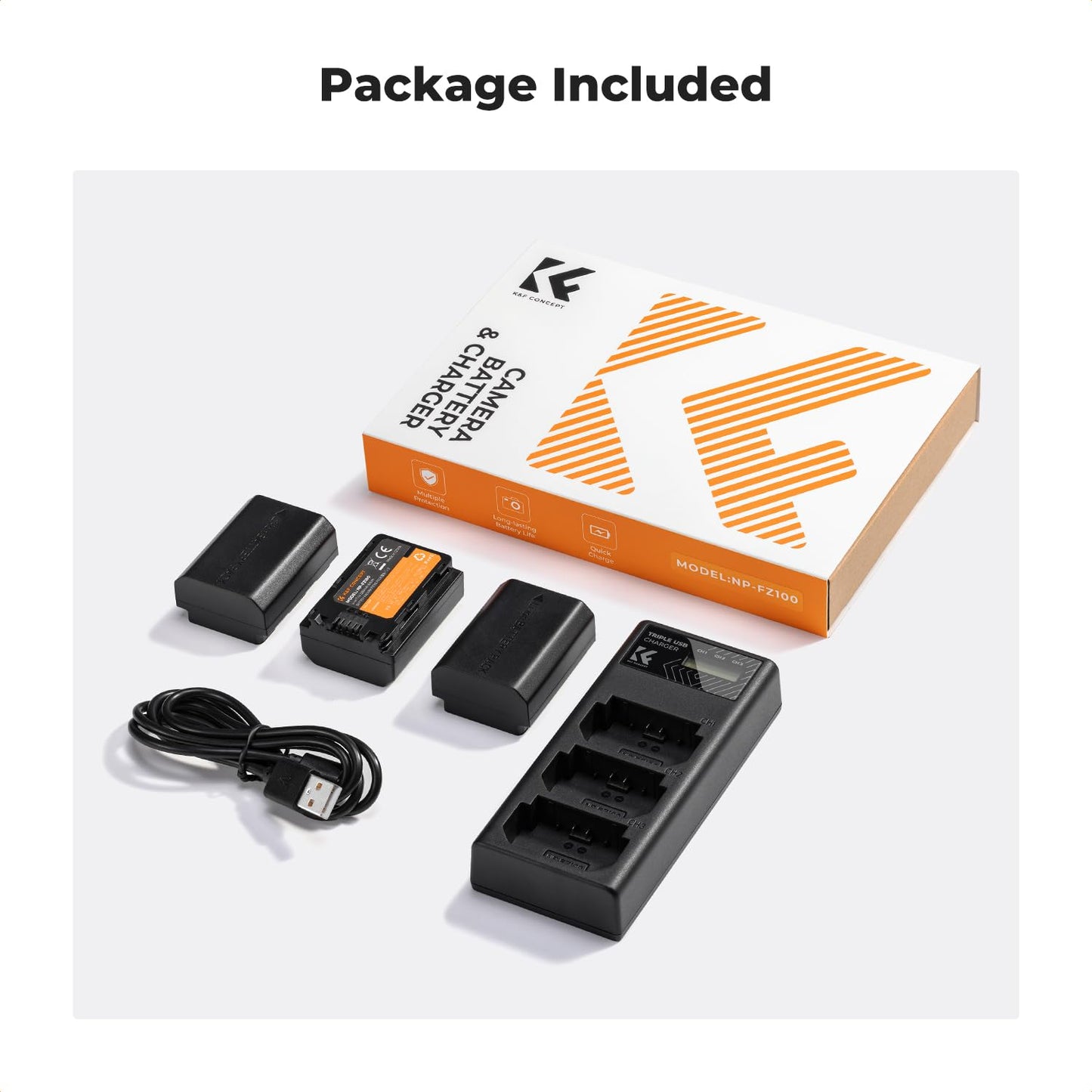 K&F Concept 3-Pack NP-FZ100 Battery and Upgraded LCD Battery Charger Compatible with Sony A7iii, A7iv, A7C, FX3, FX30, A9, A6600, A6700, ZV-E1, ZV-E10ii, Alpha 9, A9S, A7R III, A7R IV, A7RV, 2280mAh