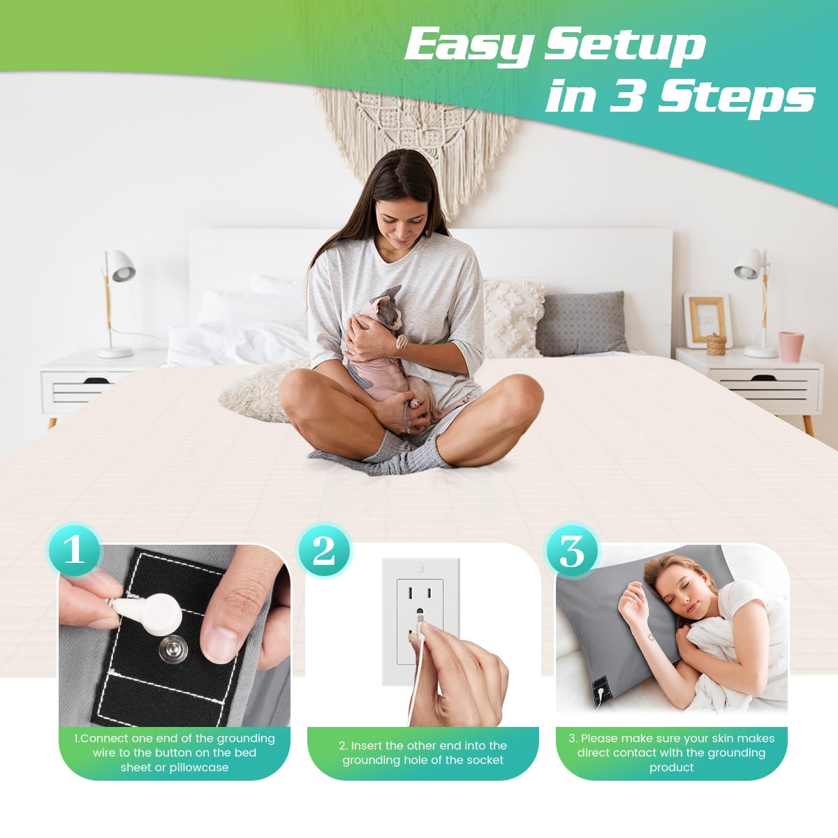 Grounding Pillowcase Queen Conductive Grounding Mat with 15ft Grounding Cord 20x30in Sleep Therapy Relieve Stress Increase Energy Gray