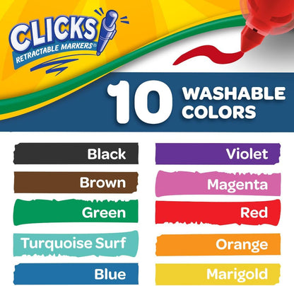 CRAYOLA Clicks, Retractable Art Markers, 10 Vibrant, Washable Coloured Markers, Keep Markers Safe in Retractable Barrel So Ink Won't Dry Out, Perfect for Colouring, Projects and More, 58 8370