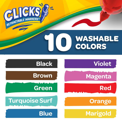 CRAYOLA Clicks, Retractable Art Markers, 10 Vibrant, Washable Coloured Markers, Keep Markers Safe in Retractable Barrel So Ink Won't Dry Out, Perfect for Colouring, Projects and More, 58 8370