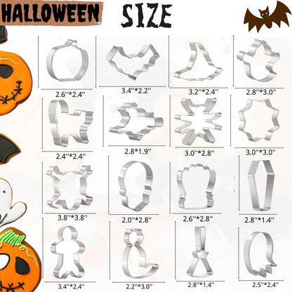 Halloween Cookie Cutters Set 16 Pieces Halloween Biscuit Cutters Shapes - Ghost, Bat, Pumpkin, Cat, Witch, Spider, Skull, Gingerbread Man, Etc. for Baking Stainless Steel