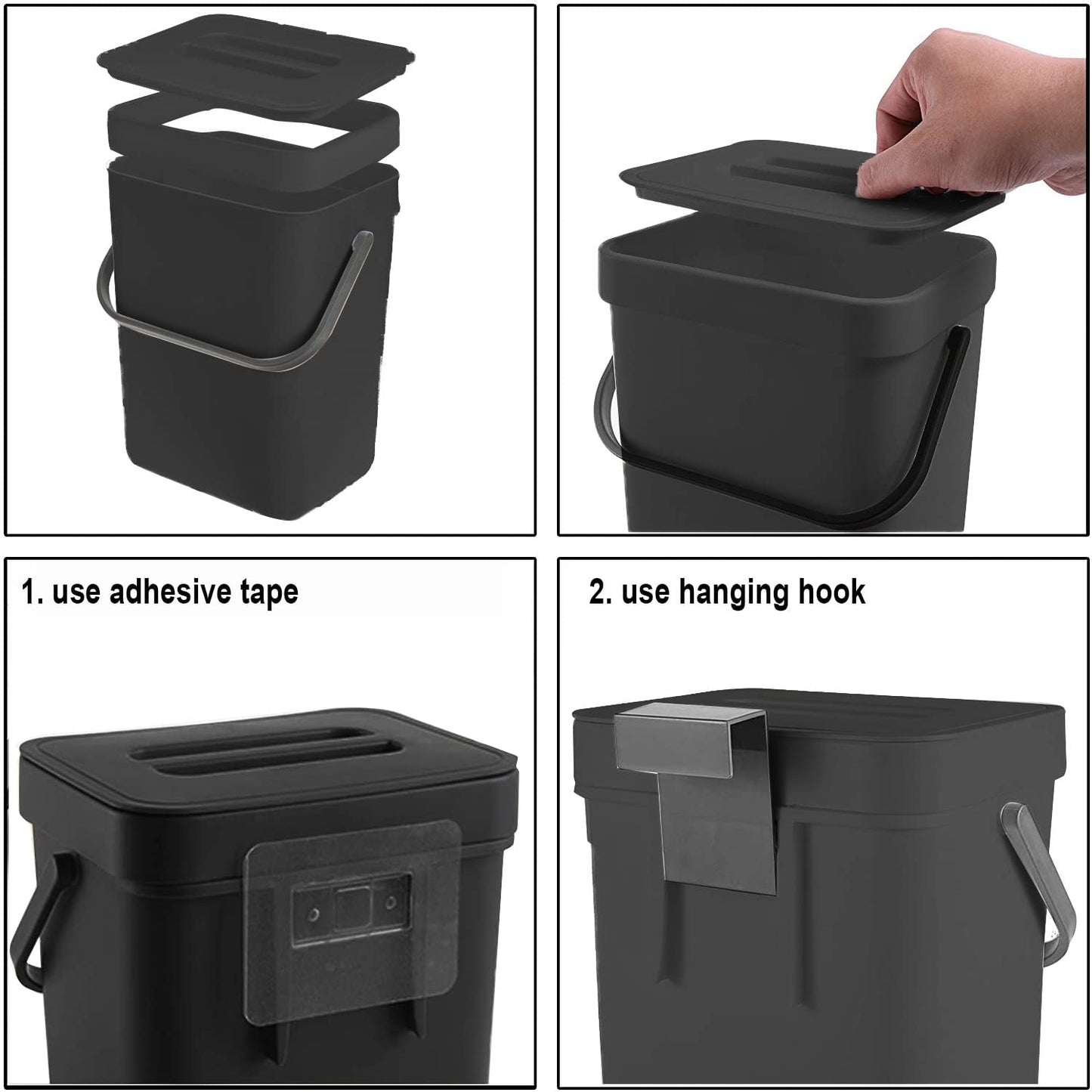 LALASTAR Countertop Compost Bin with Lid, Hanging Small Trash Can with Lid Under Sink for Kitchen, Food Waste Bin for Countertop, Mountable Garbage Can for Bathroom, RV, 5L/1.3 Gal, Black