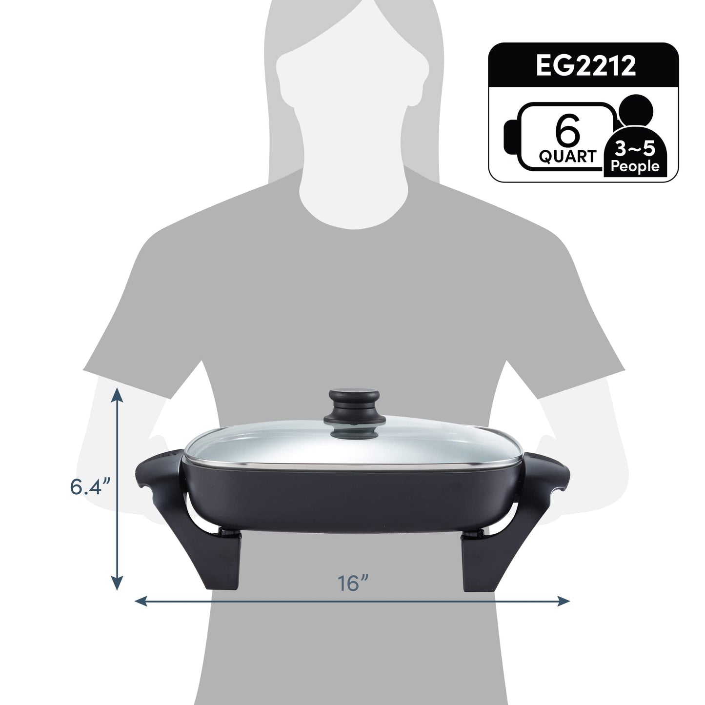 Elite Gourmet EG2212 12"x12"x2.15” Ceralast™ PFAS Free Ceramic Electric Skillet, Dishwasher Safe, Rapid Heat Up, 1200W, Dark Grey