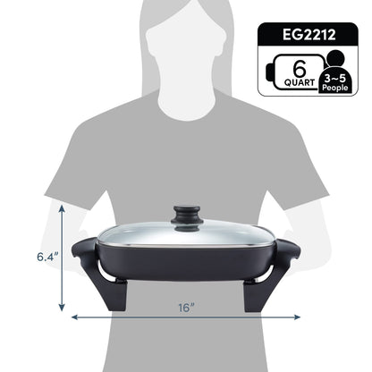 Elite Gourmet EG2212 12"x12"x2.15” Ceralast™ PFAS Free Ceramic Electric Skillet, Dishwasher Safe, Rapid Heat Up, 1200W, Dark Grey