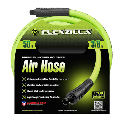 Flexzilla Air Hose, 3/8 in. x 50 ft., 1/4 in. MNPT Fittings, Heavy Duty, Lightweight, Hybrid, ZillaGreen - HFZ3850YW2