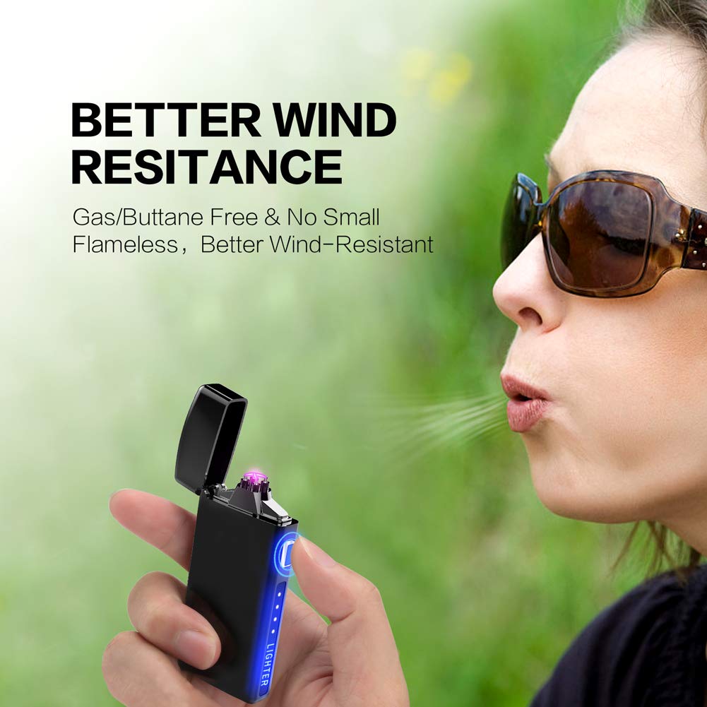 Dual Arc Plasma Lighter with LED Battery Indicator and Box, Rechargeable Windproof Flameless Electric Lighters for Fire Outdoors Camping Hiking Friends