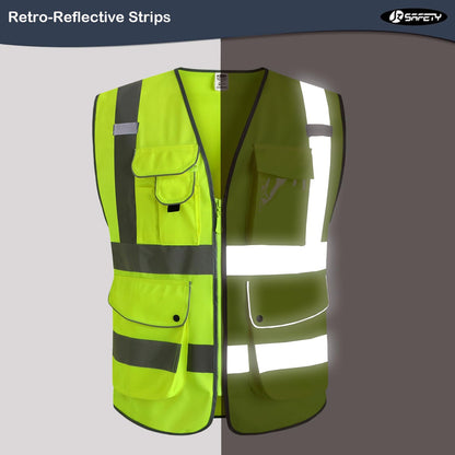 JKSafety 9 Pockets Class 2 High Visibility Zipper Front Safety Vest With Reflective Strips,Meets ANSI/ISEA Standard (Small, 150-Yellow)