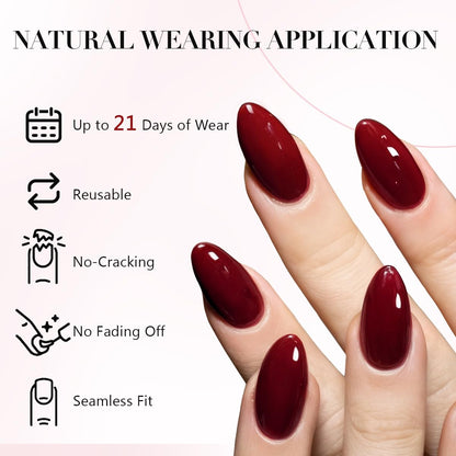 GLAMERMAID Cherry Red Press on Nails Medium Almond, Handmade Jelly Soft Gel Dark Red Glue on Nails Stiletto, Burgundy Emo Fake Nails Short Oval, Reusable Acrylic Stick on False Nails Kit for Women