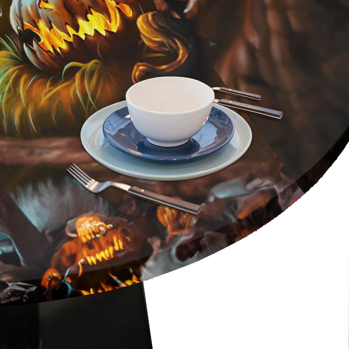 Halloween Turquoise Round Tablecloth with Elastic Halloween Decor Round Fitted Table Cover Wipeable Circle Outdoor Table Cloths for Kitchen Pattry Patio Dining Holiday Decorate Fit for 45"-50" Tables