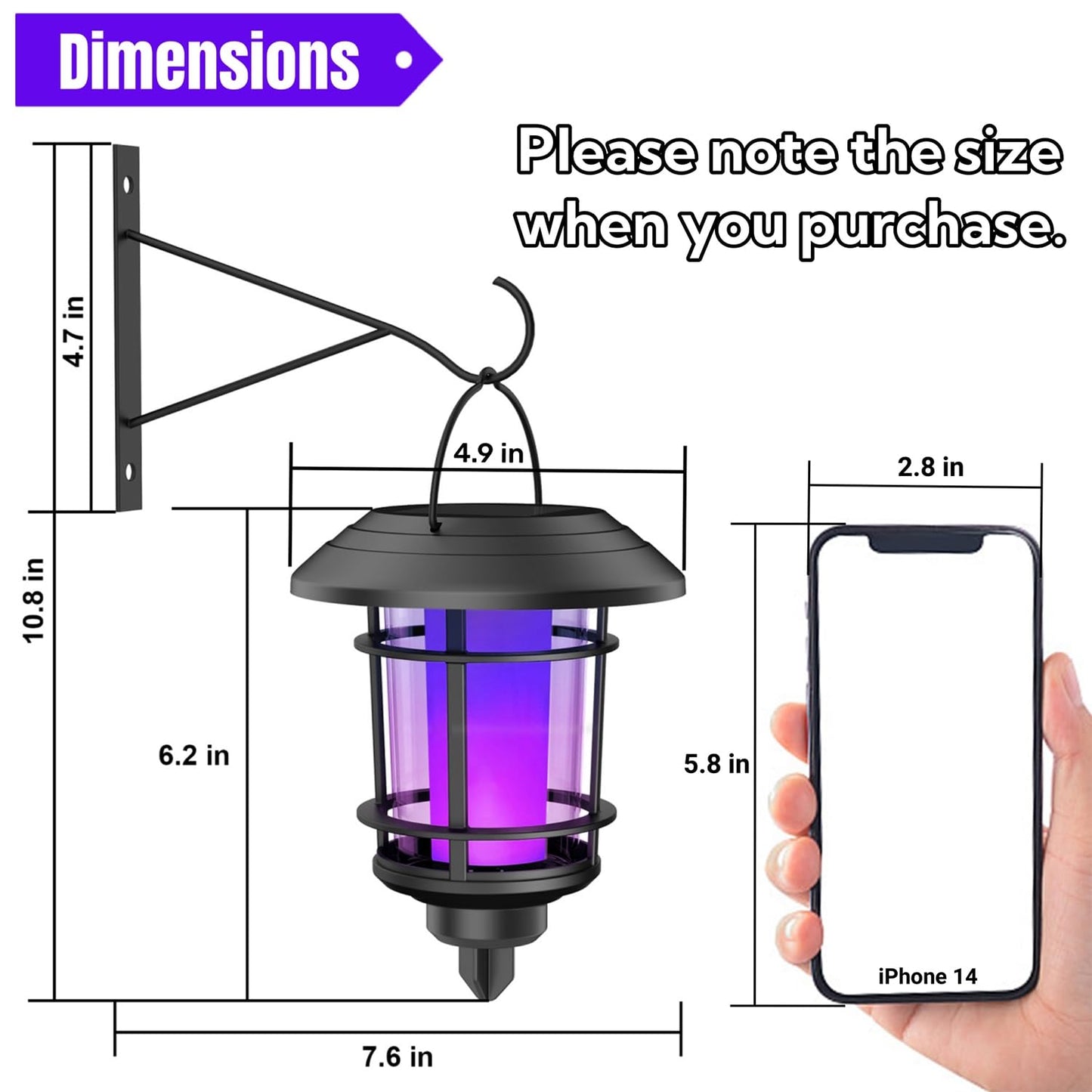 Dynaming Solar Purple Flame Wall Lanterns, Outdoor Halloween Hanging Lights, Flickering Flame LED Auto On/Off Wall Mounted Sconce Lights with Hooks, Waterproof for Garage Stair Patio Porch, 4 Pack
