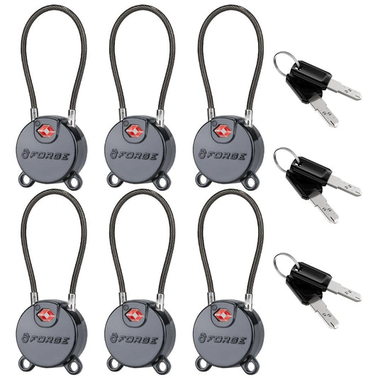 Forge TSA Approved Luggage Locks Ultra-Secure Dimple Key Cable Locks for Travel with Zinc Alloy Body- 6 Black Locks
