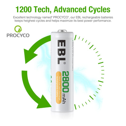 EBL AA Rechargeable Batteries 2800mAh Ready2Charge Quality AA Batteries - 16 Counts