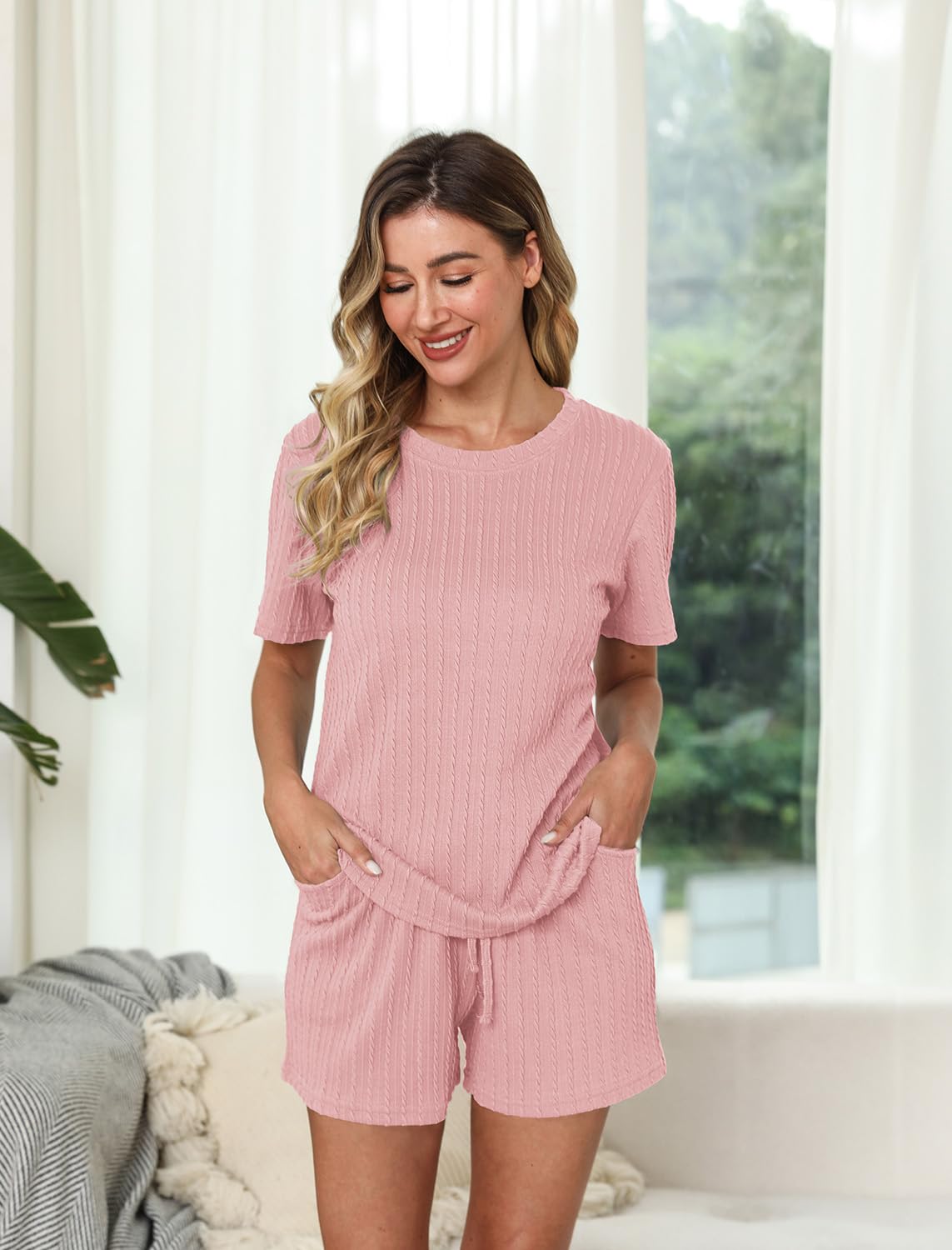 EISHOPEER Knit Matching Pajamas Sets Couple Drawstring Nightwear Short Sleeve Sleepwear 2 Pieces Loungewear with Shorts Pink Large